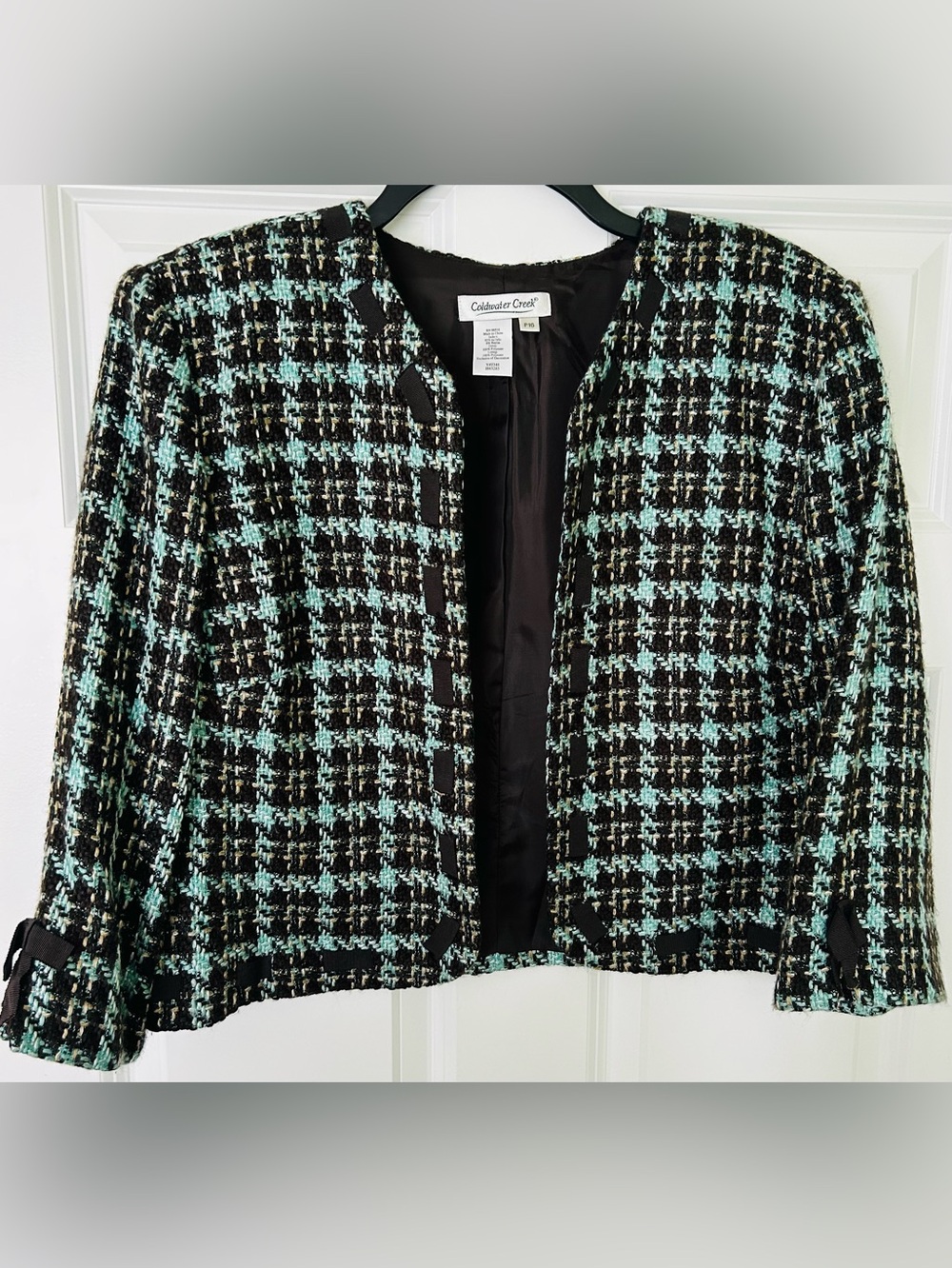 Coldwater Creek Brown and Mint Tweed Houndstooth Cropped Jacket